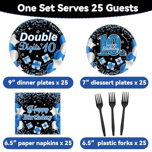 Qyeahkj 100 Pcs 10th Birthday Decorations for Boys Official Teen 10th Supplies Plate Napkin Forks Set Disposable Blue 10th Birthday Tableware Paper Plates Dinnerware for Kids Teenager Favors Serve 25 - style: 10th Birthday