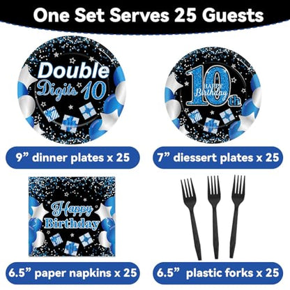 Qyeahkj 100 Pcs 10th Birthday Decorations for Boys Official Teen 10th Supplies Plate Napkin Forks Set Disposable Blue 10th Birthday Tableware Paper Plates Dinnerware for Kids Teenager Favors Serve 25 - style: 10th Birthday