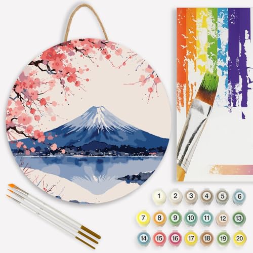Japan Landscape Paint by Numbers Kit for Adults on Wood Board – DIY Mount Fuji and Cherry Blossoms Wood Craft Painting Kit, 12 in Round, Acrylic Paint Set, Beginner-Friendly, Relaxing Home Decor Gift - color: DP142