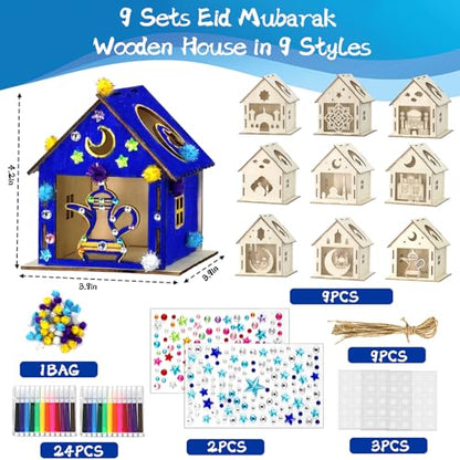 MUOUAKATE 9PCS Ramadan Crafts Wooden House with 24 Paint Pens, Ramadan Activities for aldults, Islamic DIY Ramadan Goodies for Eid Mubarak Gifts Favors Party Supplies Bulk Decorations - style: Ramadan Eid