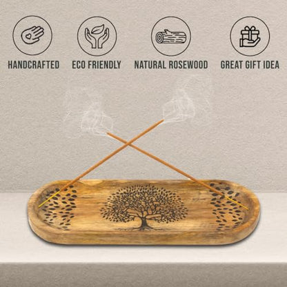 Incense Holder for Sticks Hand Carved - Tree of Life - Incense Burner/Ash Catcher- Handmade Wooden Insence Tray – Modern Gift Home/Room/Kitchen Décor 11x4x1.5 Inch - style: LIFE TREE BROWN