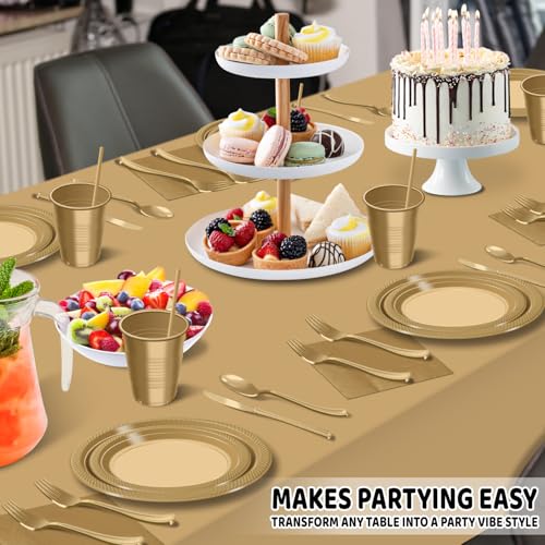 484 Pcs Plastic Dinnerware Set Includes 60 Of Each 9" Dinner Plates |7" Dessert Plates|12 oz Plastic Cups | Napkins|Straws|Spoons, Forks & Knives (Gold, 60 Guests)