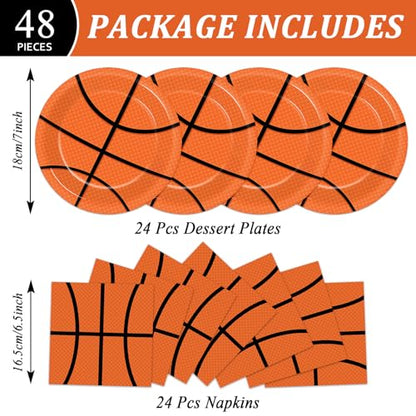 48Pcs Basketball Paper Plates and Napkins Basketball Birthday Party Decorations Sport Party Supplies Black Orange Dessert Plates Disposable Tableware Set for Teenagers Kids Boys Adults Serve 24 - style: Basketball