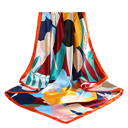 AWAYTR 35” Large Satin Square Head Scarf - 2Pcs Silk Like Floral Head Scarves Square Satin Hair Scarf Bandanas for Women - color: Flower(red/Yellow)