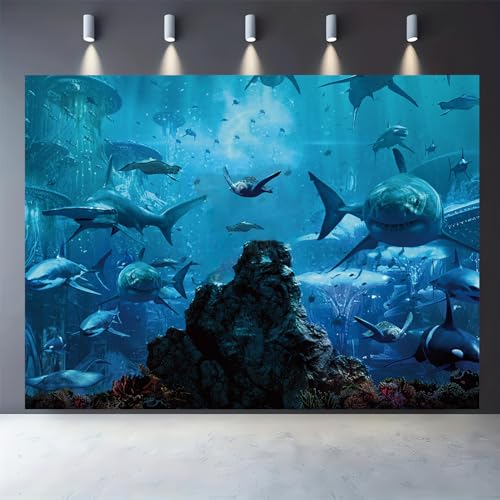7x5FT Shark Under The Sea World Photo Backdrop Aquarium Reef Photography Background Banner Polyester Fabric Studio Props Booth Video Shooting Decorations Supplies