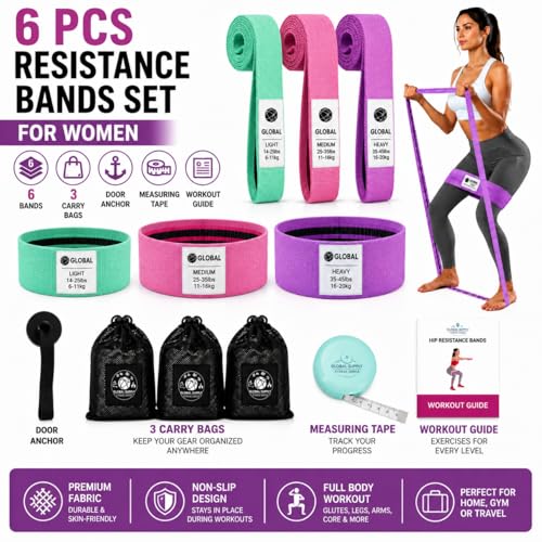 12 PCS Resistance Bands Set for Working Out – Fabric Booty & Long Exercise Bands for Women & Men with 3 Carry Bags, Door Anchor, Measuring Tape & Workout Guide