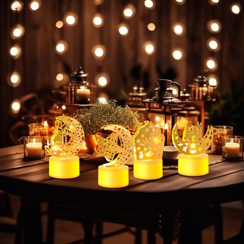 Aurelema 24Pcs Ramadan Mubarak Flameless LED Candles Lights Eid Mubarak Candle Star Moon Battery Operated Lamp Electric LED Muslim Ramadan Night Light Gift for Eid Home Table Party Supplies(Assorted)