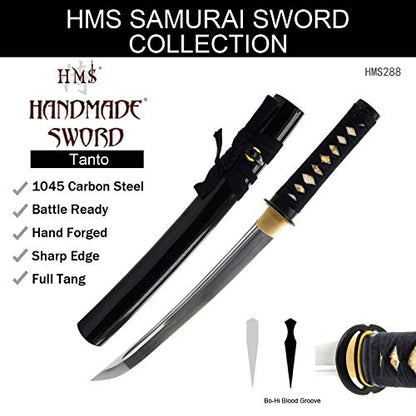 Hand Forged 1045 Carbon Steel Musashi Crest Tanto Full Tang Sword | hand-sharpened for tameshigiri, wavy temper, bo-hi groove, openwork guard, rayskin grip