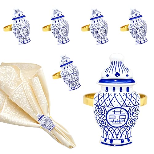 Blue White Porcelain Napkin Rings Set of 6 Vintage Chinoiserie Napkin Ring for Asian Christmas New Year Party Decor,Imitative Ceramic Napkin Holder for Wedding Brithday Table Decor - style: Blue White Porcelain