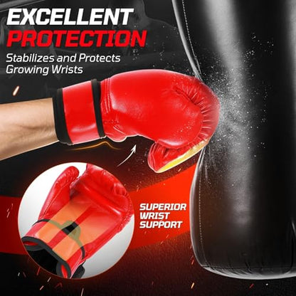 Flexzion Boxing Gloves for Kids 4oz – Training Punching Bag Mitts, Kid Boxing Gloves with Faux Leather & Wrap-Around Wrist Protection for Boys & Girls Ages 3-8 Years - color: Red Blaze