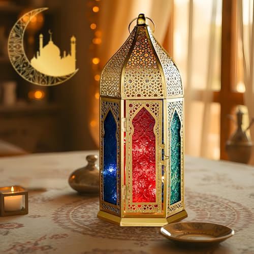 TRIROCKS Moroccan Lantern – 15'' Gold Hexagonal Candle Lantern with Tempered Glass Decorative Indoor Outdoor Ramadan Lantern for Garden Yard Patio Wedding Parties Events - size: 7*15"H