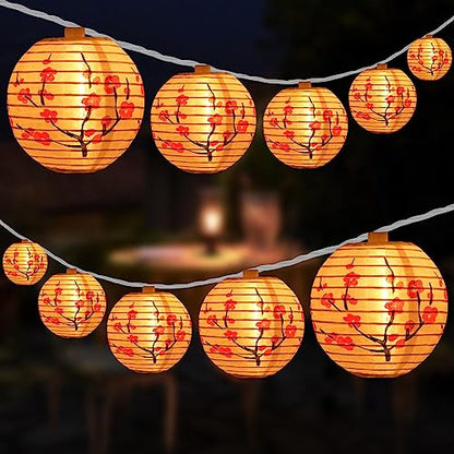 HOSY 10-Pack Plum Blossom 3-in Lanterns, 11 ft White Wire UL String Lights | Self-assembly Required, Nylon Fabric, 3-in Diameter, 12-in Spacing, End-to-end Connectable, UL Certified - color: Plum Blossom