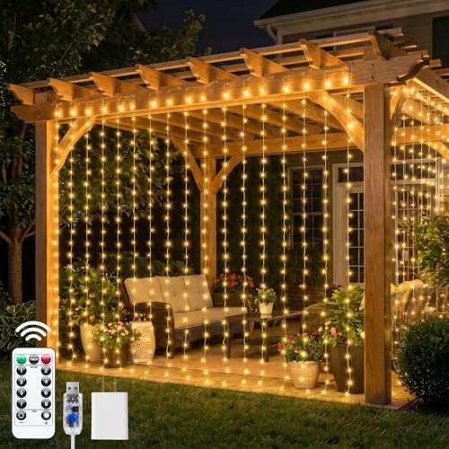Brightown 600 LED Curtain Lights, 20 FT Plug in Fairy Lights for Bedroom, 8 Lighting Modes, Christmas String Lights for Window Wall Wedding Party Birthday Christmas Decorations, Warm White - color: Warm White, size: 600LEDs