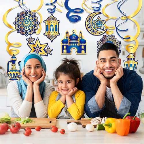 30Pcs Ramadan Mubarak Hanging Swirls- Blue and Gold Ceiling Swirls Hanging Streames for Eid Ceiling Whirl Birthday Baby Shower Party Decorations