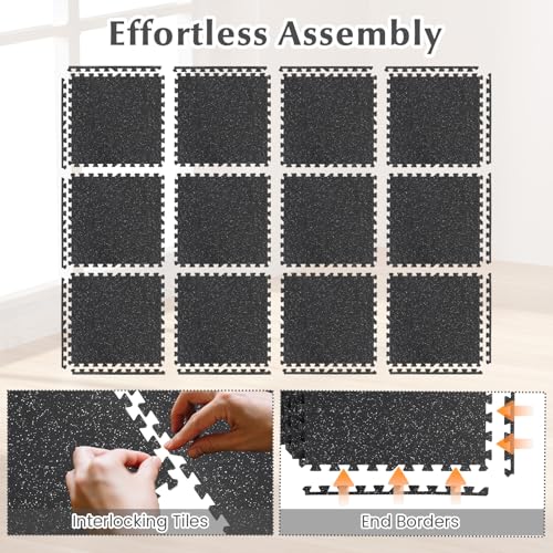 12 Tiles Exercise Mat, 48 Sq.Ft Interlocking Foam Floor Mat with Rubber Top, Non-Slip Waterproof Puzzle Gym Mat for Home Workout Equipment & Garage, 0.79" Thick (Black)