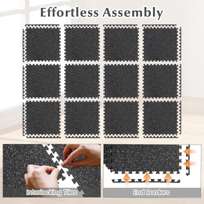 12 Tiles Exercise Mat, 48 Sq.Ft Interlocking Foam Floor Mat with Rubber Top, Non-Slip Waterproof Puzzle Gym Mat for Home Workout Equipment & Garage, 0.79" Thick (Black)