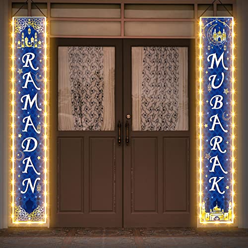 Eid Mubarak Hanging Wall Door Banner with String Light 12 x 71'' Ramadan Mubarak Decorations Porch Sign Lighted Eid Al Fitr Moon Decoration Blue Ramadan Decor for Front Door Home Indoor Outdoor Party