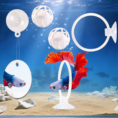 Betta Fish Toys, 2 PCS Fish Exercise Ring and Nitrifying Balls Set, Betta Mirror Toy Set, Feeding Ring with Suction Cup, Fishing Tank Accessories for Gifts (White) - color: White
