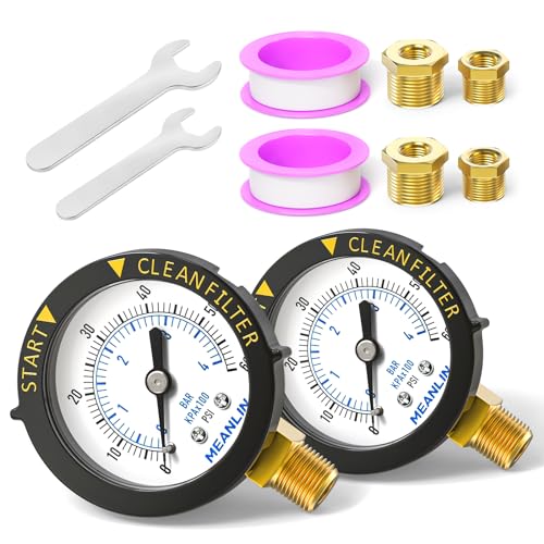 MEANLIN MEASURE 0~60Psi 1/4" NPT Start and Clean Filter Pressure Gauge, Suitable for Swimming Pool, Spa, Aquarium, Lower Mount(Pack of 2), with 1/2" NPT and 3/8" NPT Hex Bushing - size: Lower Mount / With adapter（2PCS）