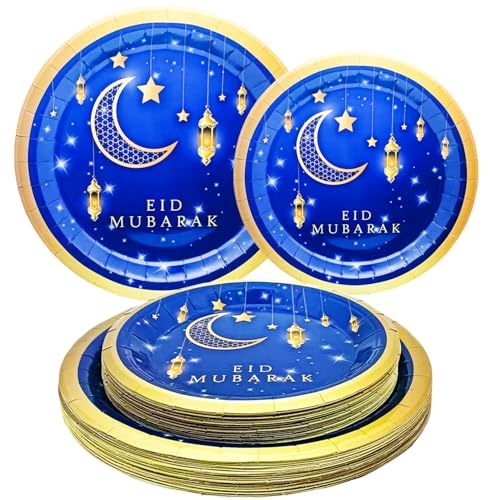 50Pcs Ramadan Eid Mubarak Party Supplies Bluk Ramadan Eid Mubarak Plates Set 9"Ramadan Dinner Plates 7"Blue and Gold Eid Mubarak Plates for Eid Al Adha Islamic Ramadan Birthday Decor Serves 25