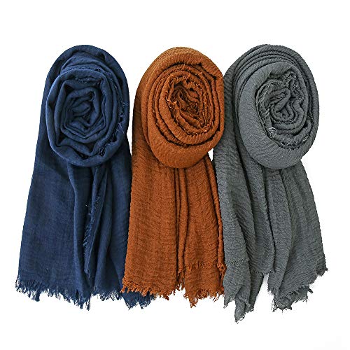EVQ Soft Cotton Hemp Scarf Wrap Long Hijab Scarves for Women - color: Dark Brown+dark Grey+navy Blue
