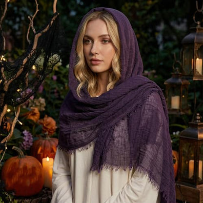 Nydotd Women Summer Cotton Linen Scarf Crinkle Long Beach Shawl Wrap hijab with Fringe - color: Deep Purple