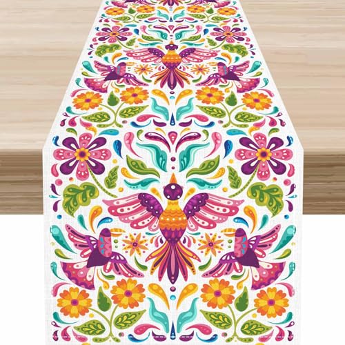 Mexican Fiesta Table Runner,Farmhouse Rustic Cinco De Mayo Dia De Los Muertos Table Runner for Day of The Dead Party Holiday Home Kitchen Dining Indoor Outdoor Decorations,13 x 36 Inch - color: Mexican Flowers-4, size: 13x36" Table Runner
