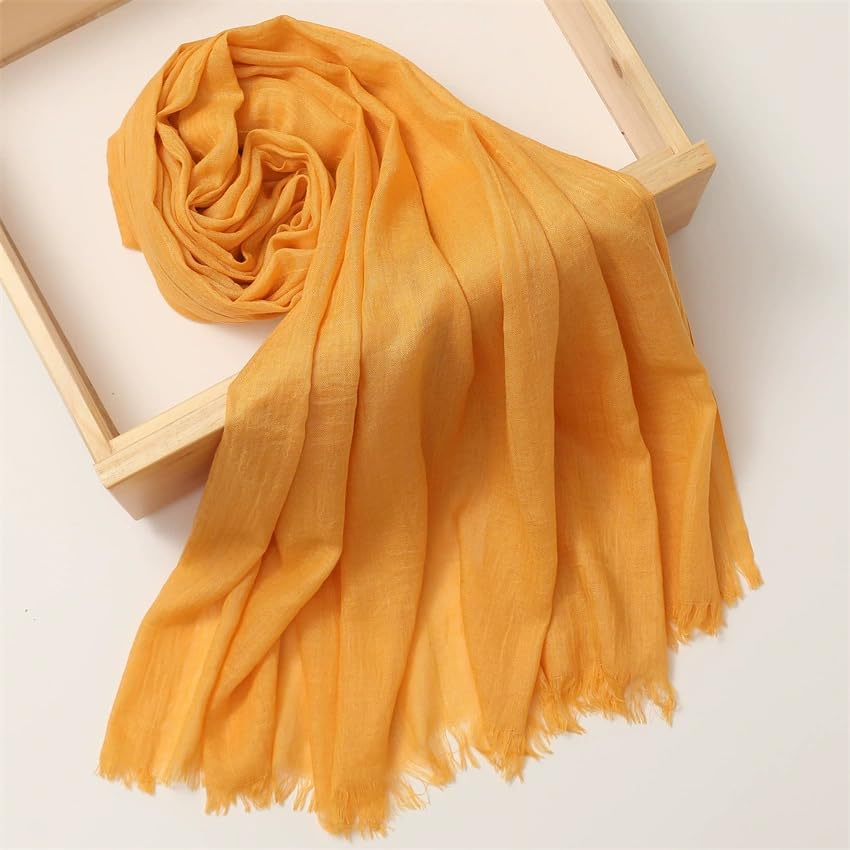Solid color cotton and linen scarf, wrinkled all season versatile long sunscreen fashionable shawl - color: Light Turmeric