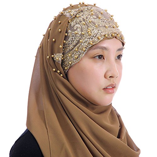 Lina & Lily Premium Chiffon Hijab Head Scarf Wrap with Gold Sequins Glitters Beads for Muslim Women - color: Coffee Brown