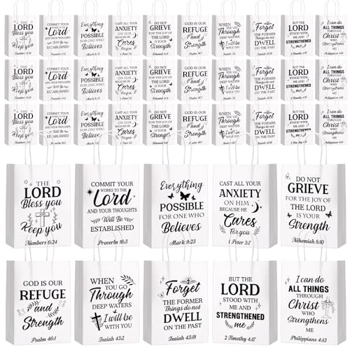 Chiisong 100 Pcs Christian Gift Bags, Fathers Day Religious Bible Verse Treat Bags with Handles Inspirational Church Scripture Bag for Women Wedding Baptism Birthday Party Favor(White with Black) - color: white with black