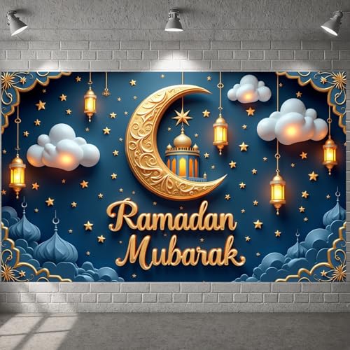Ramadan Islamic Festival Crescent Moon Lantern Decoration Mosque Scene Mubarak Display Crescent Moon Starry Pattern Banner Islamic For Home Decoration Mosque Event