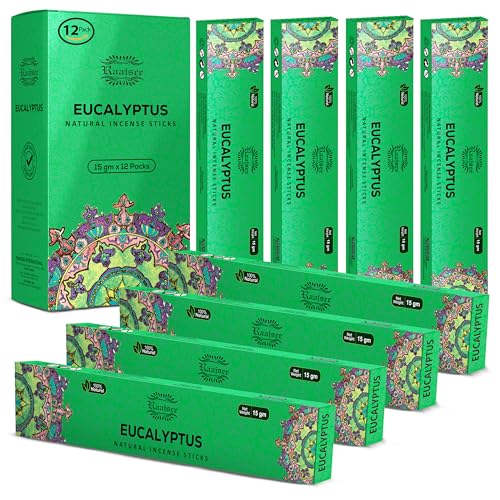 Raajsee Incense Sticks – Eucalyptus (180 gm), 100% Pure Organic Natural Hand Rolled Free from Chemicals - Perfect for Aromatherapy, Cleansing, Meditation, and Church (Pack of 12) - color: Eucalyptus