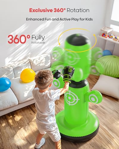 QPAU 360° Rotatable Punching Bag for Kids, Lager 64” Kids Punching Bag with Gloves, Hand Pump & 6 Targets, Bop Bag Inflatable Punching Toy, Karate Gifts for Boys, Girls - color: Green