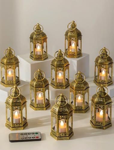 Romadedi Decorative Mini Lanterns for Centerpieces - Set of 10 Gold Vintage Small Candle Lantern Bulk with Remote for Wedding Table Decor Party Ramadan Christmas Halloween, Batteries Included