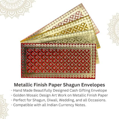 Metallic Paper Shagun Envelopes for Gifting Cash Sagan Lifafa Wedding, 19 X 9 cm, Multicolored 4 (pack of 4) - Royal Mosiac Design