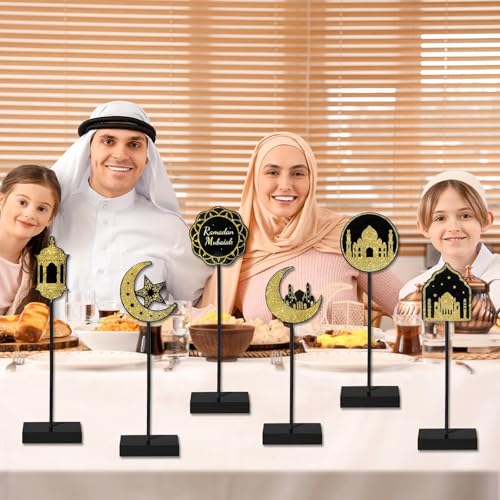 6 Pcs Ramadan Kareem Wooden Table Decors for Eid Mubarak Party Decorations Moon Star Islamic Mosque Signs Double Sided Print Tabletop Decor Eid Party Tiered Tray Decor for Islamic Allah Muslim Gifts