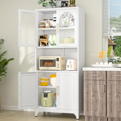 SteeLoong Metal Kitchen Pantry Storage Cabinet，75" Tall Storage Cabinets with 4 Doors and Adjustable Shelves ，White Hutch Cabinet with Microwave Stand,Large Kitchen Cupboard for Dining Room
