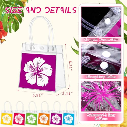 Aliceset 24 Pcs Clear Hawaiian Gift Bags with Handles Tropical Floral Hawaiian Luau Party Favor Bag for Aloha Theme Tropical Luau Summer Party with Palm Leaves 6.31"x 5.91"x 3.15" - style: Hibiscus