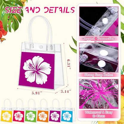 Aliceset 24 Pcs Clear Hawaiian Gift Bags with Handles Tropical Floral Hawaiian Luau Party Favor Bag for Aloha Theme Tropical Luau Summer Party with Palm Leaves 6.31"x 5.91"x 3.15" - style: Hibiscus