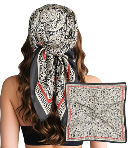 Sumolux Head Hair Scarf for Women Like Satin Silk Scarf Bandana Hair Wrapping Night Large Square Scarves 27.5" - color: Black Flowers