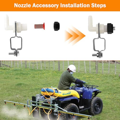 Spray Boom Repair Kit Include 3/8" Polypropylene Elbow Nozzle Body 11/16" MPS x 3/8" HB, Retaining Nuts and Caps 11/16" FPSand 50 Mesh Tip Screens Nozzle Strainers,Boom Clamps 1" Square-2 PCS