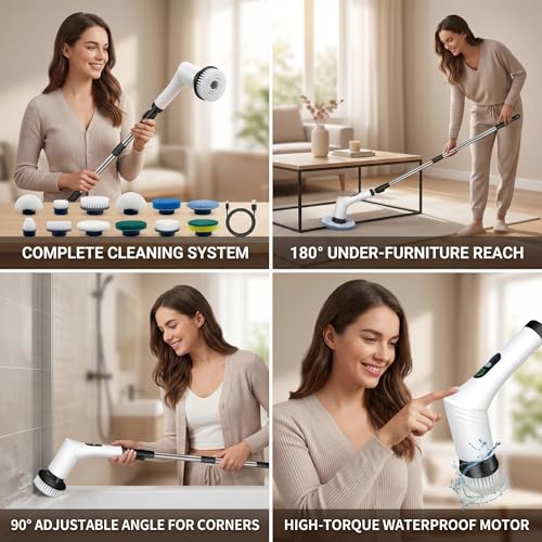 Spin Scrubber, 9-in-1 Multifunctional Electric Cleaning Brush with Detachable Handle, 9 Replaceable Brush Heads & LCD Display, Rechargeable for Bedroom, Bathroom, Kitchen, Car - color: White