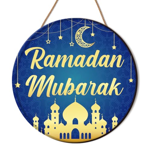 Ramadan Kareem Front Door Sign, Eid Mubarak Decor for Home Front Door Porch Patio Islam Mubarak Moon Islamic Muslim Hanging Signs Wall Decoration