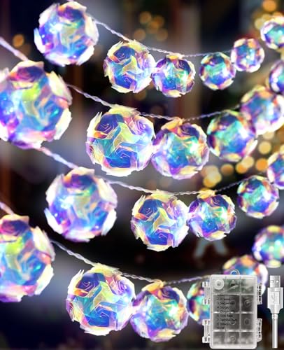 AceList 50 LED Holographic Iridescent String Lights, 16.4Ft Enchanting Disco Ball String Lights– USB&Battery Powered Fairy Lights Iridescent Party Decorations for Home, Classroom, Birthday, Christmas - color: Lotus Ball-50