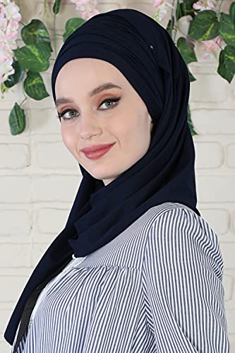 Aisha's Design Instant Hijab Scarves for Women, 95% Cotton Pretied Bonnet Turban Easy to Wear Cotton Headscarf - color: Navy Blue