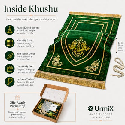 UrmiX Memory Foam Knee Support Prayer Rug/Mat– Orthopedic Style Thick Padded Janamaz Sajada, Premium Velvet Islamic Rug with Non-Slip Base, Tasbih Beads & Gift Box Included (Green) - color: Emerald Green