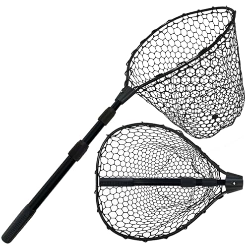 Telescoping Rubber Fishing Net with Handle 64"/46“ Long Silicone Large Fish Landing Net Kayak/Fishpond/Saltwater Extendable Fishing Gear Accessories - size: Black:3-section pole|length:63.7"