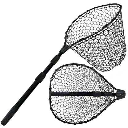 Telescoping Rubber Fishing Net with Handle 64"/46“ Long Silicone Large Fish Landing Net Kayak/Fishpond/Saltwater Extendable Fishing Gear Accessories - size: Black:3-section pole|length:63.7"