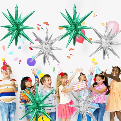 6 Pcs Silver Star Foil Balloons One-Piece 14-Pointed Star Balloon 4D Starburst Cone Mylar Balloon 22inch Christmas Birthday Wedding Wedding Anniversary Party Supplies (Silver + Green) - color: 22 Inches Silver + Green