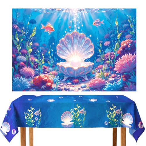 8x6 FT+9x4.5 FT Mermaid Backdrop Tablecover Set Under The Sea | Underwater Ocean Scene with Giant Shell Pearl,Party Decorations,Coral Fish Aquarium Background,Birthday,Baby Shower,Card - size: 8x6 FT+9x4.5 FT